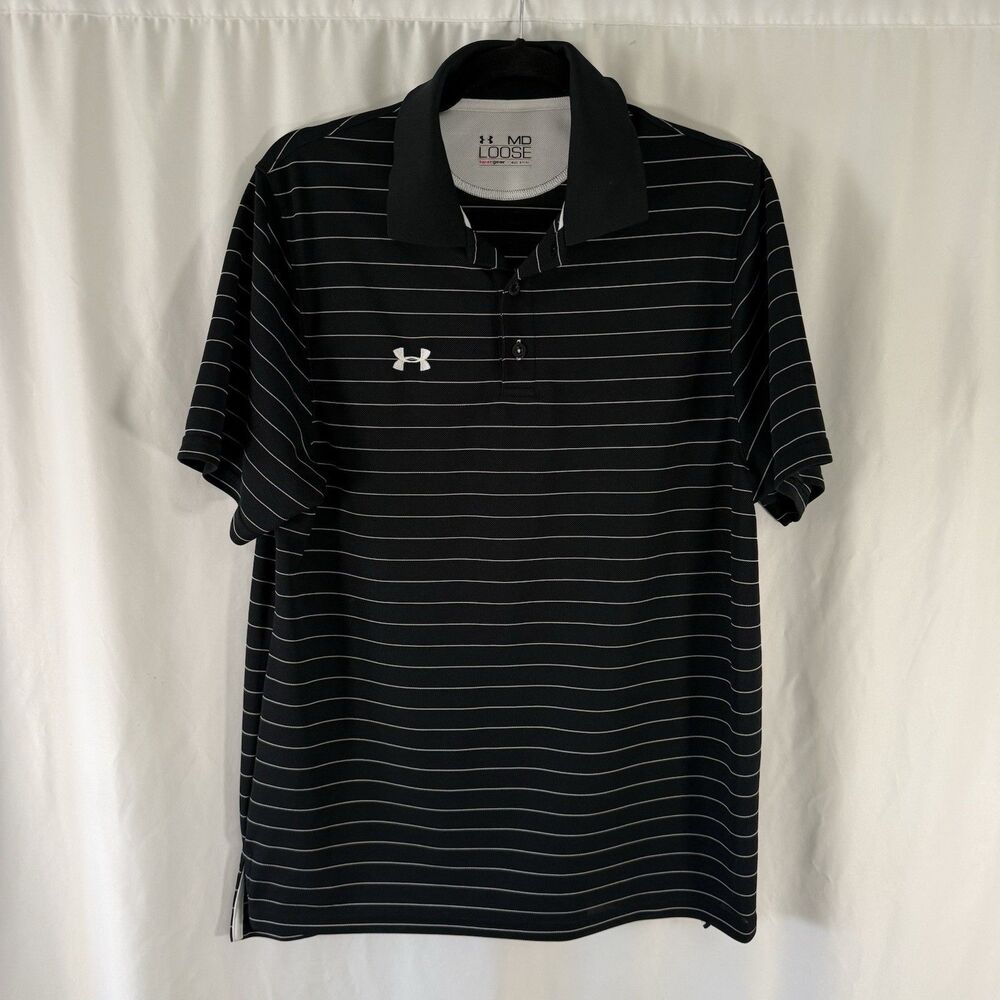 Under Armour Polo Men's Medium Black White Striped Short Sleeve Collared Loose